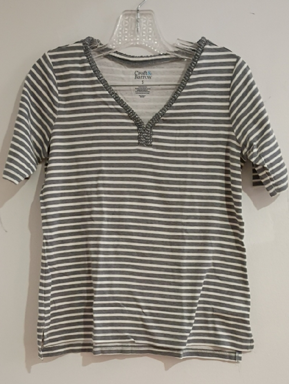 croft & barrow Gray and White Striped V-Neck Top with Braided Trim